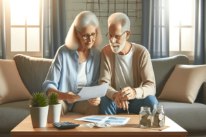 Retired couple peacefully reviewing financial documents at home, depicted in a modern vector design with calm and serene colors.