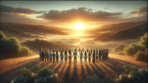 A diverse group of people standing hand-in-hand in a circle, showcasing unity and support against a backdrop of a serene sunrise landscape, with warm hues of orange, yellow, and soft greens, conveying hope and community solidarity.